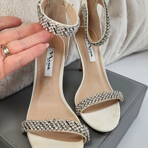 NINA Ankle High Heels Rhinestone Bridal Wedding Party Satin Sandals Size 8.5